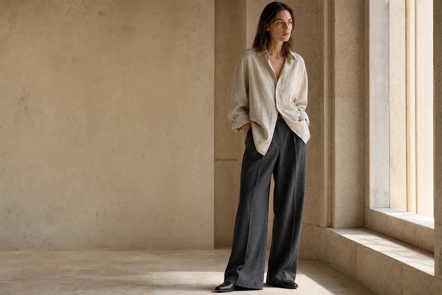 Oversized sand linen shirt and charcoal wool trousers in a sunlit stone room